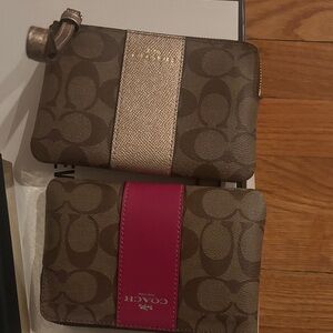 Coach Brown Wristlet Duo with Pink and Gold Accents